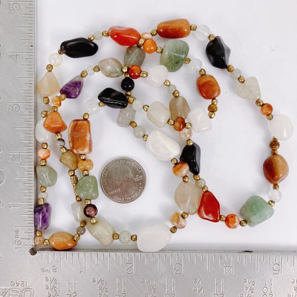 Vintage 1960s Long Gemstone Necklace 34" Jadeite Amethyst Carnelian Onyx Quartz - Picture 10 of 10